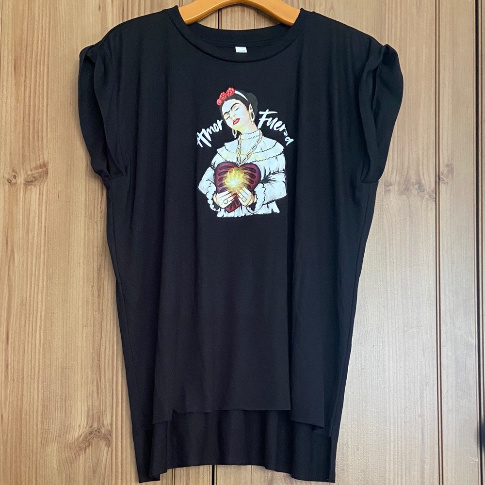 Frida Kahlo Black Muscle Tee Top Amor Fuerza Mi Vida NWT L